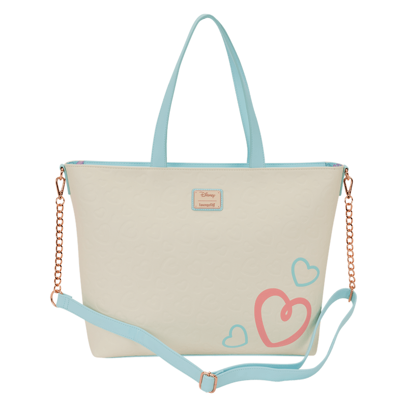 Loungefly Disney Stitch and Angel tote crossbody bag showcasing a love-inspired print and structured silhouette