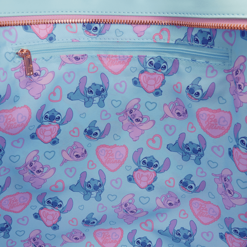 Loungefly Disney Stitch and Angel tote crossbody bag showcasing a love-inspired print and structured silhouette