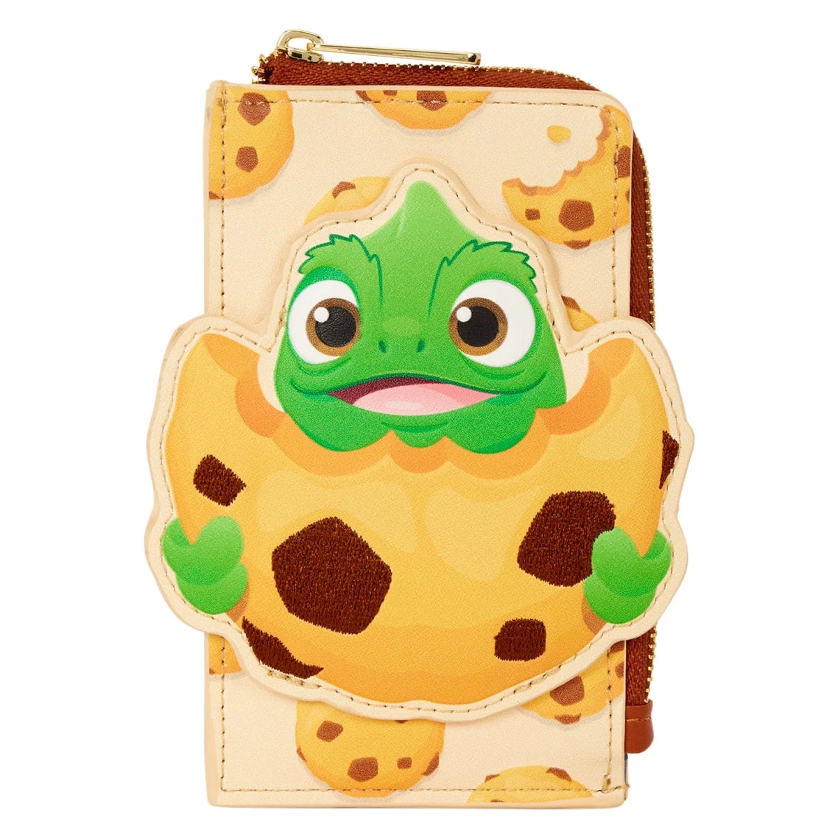 A zip-around wallet featuring a cute cartoon design of a green frog peeking out of a yellow cookie with brown spots, set against a plain white background.