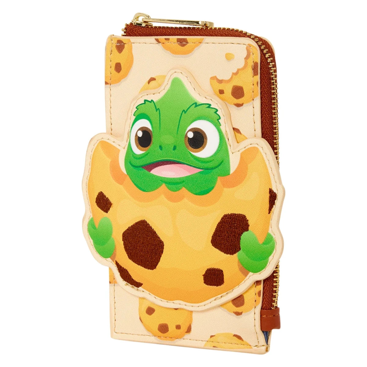 A zip-around wallet featuring a 3D cartoon character design of a green frog popping out of a yellow cookie with brown spots, set against a plain white background.
