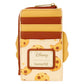 A Loungefly Disney cookie-themed card holder wallet in yellow and brown faux leather with a printed cookie pattern and a central Disney Loungefly logo patch.