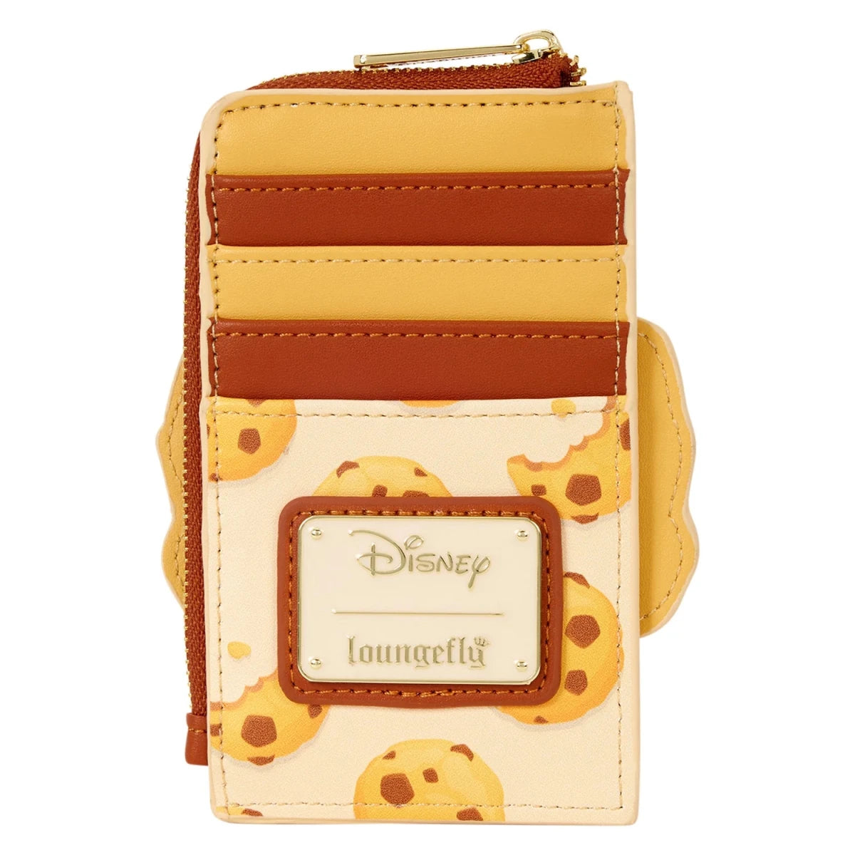 A Loungefly Disney cookie-themed card holder wallet in yellow and brown faux leather with a printed cookie pattern and a central Disney Loungefly logo patch.