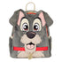 A plush dog-face backpack featuring gray and cream fur details, pink inner ears and tongue, a red collar, and a hanging gold charm, shown on a plain white background.