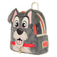 A plush Disney dog backpack featuring a gray and cream dog face design with pink inner ears, red zipper accents, and a small Disney Artisan label on the side pocket, shown on a plain white background.