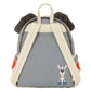 A gray and cream faux-leather backpack designed like a dog backpack, featuring plush ear flaps, cream shoulder straps, and a small character graphic on the lower right.