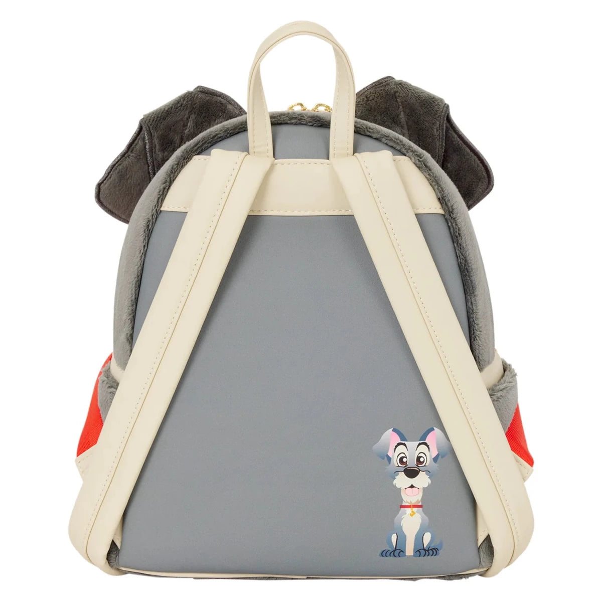 A gray and cream faux-leather backpack designed like a dog backpack, featuring plush ear flaps, cream shoulder straps, and a small character graphic on the lower right.