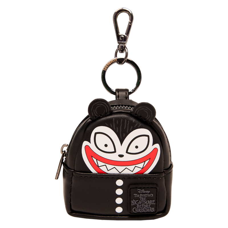 Scary Teddy Loungefly mini backpack charm showcasing his mischievous grin and black-and-white spooky style
