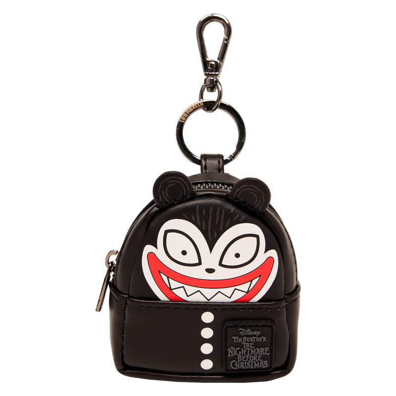 Scary Teddy Loungefly mini backpack charm showcasing his mischievous grin and black-and-white spooky style