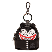 Scary Teddy Loungefly mini backpack charm showcasing his mischievous grin and black-and-white spooky style