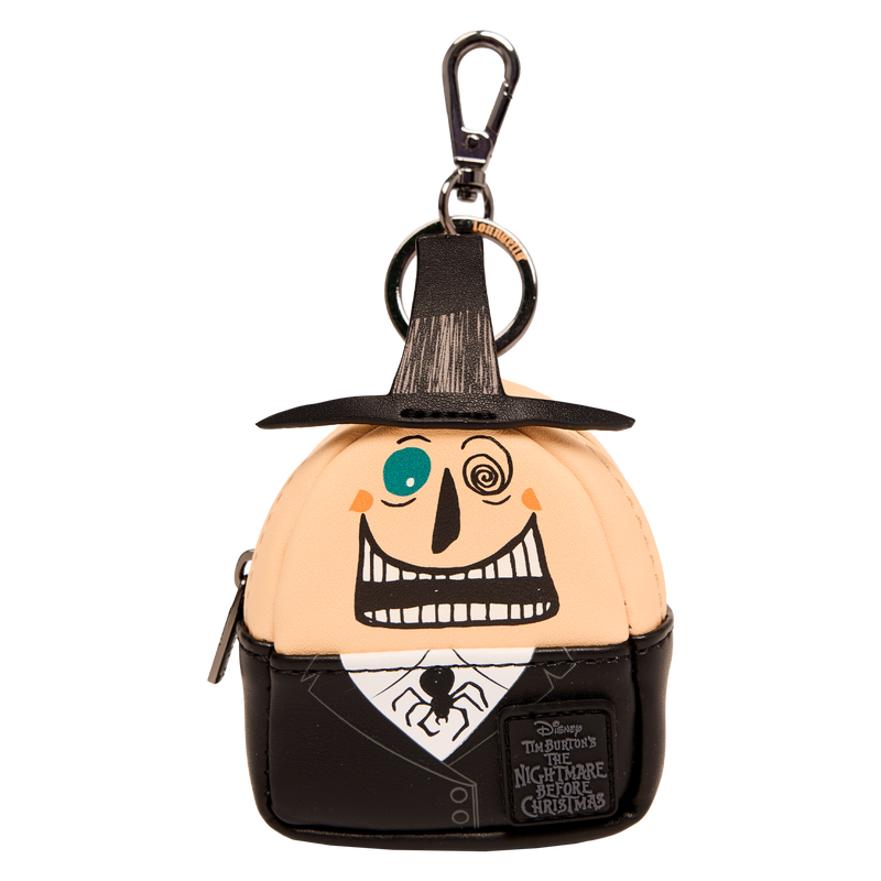The Mayor mini backpack keychain charm from Loungefly displaying his two-faced design and Halloween Town badge details
