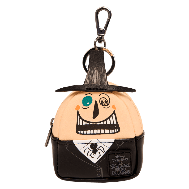 The Mayor mini backpack keychain charm from Loungefly displaying his two-faced design and Halloween Town badge details