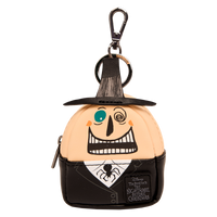 The Mayor mini backpack keychain charm from Loungefly displaying his two-faced design and Halloween Town badge details