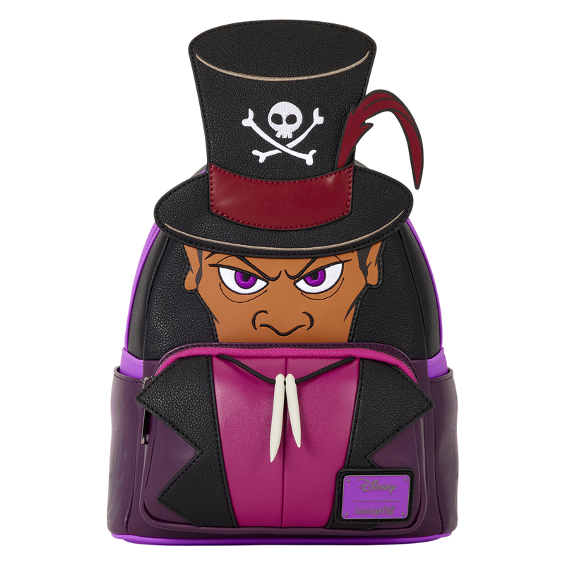 Disney The Princess and the Frog Dr.Facilier, featuring a black top hat with a white skull and crossbones, a red band, and a face with purple eyes peeking out from behind, wearing a magenta and black suit. 