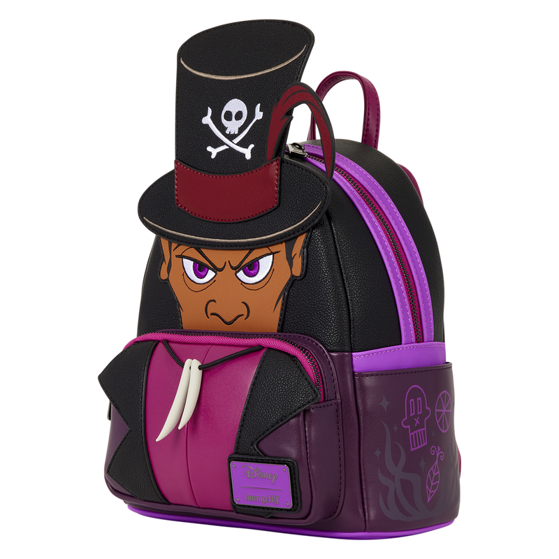 A Disney-themed mini backpack featuring a stylized character design with a black top hat, purple and magenta accents, and a printed face on the front pocket, shown on a plain white background.