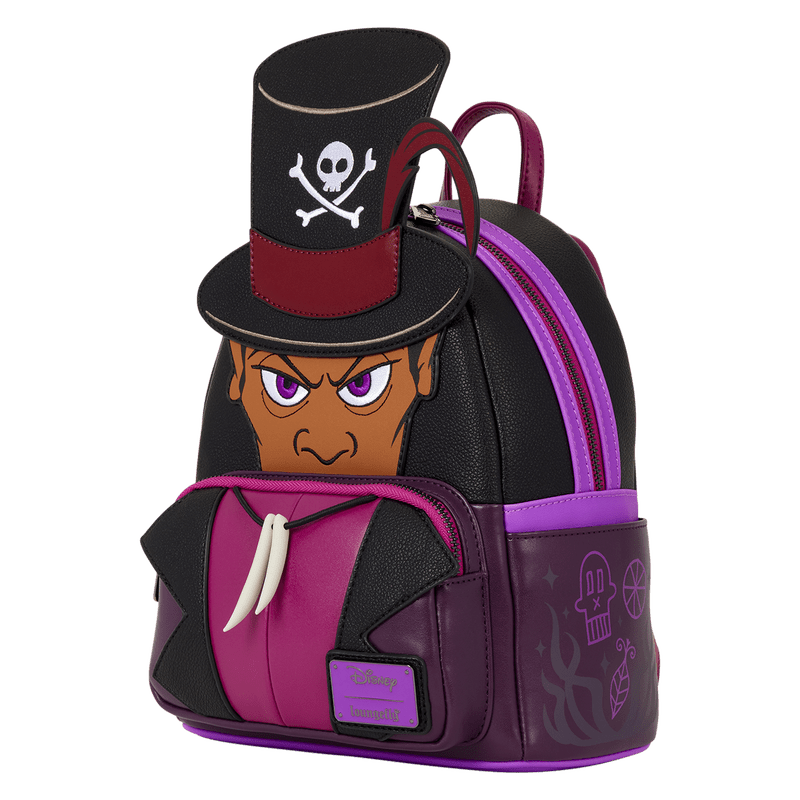 A Disney-themed mini backpack featuring a stylized character design with a black top hat, purple and magenta accents, and a printed face on the front pocket, shown on a plain white background.