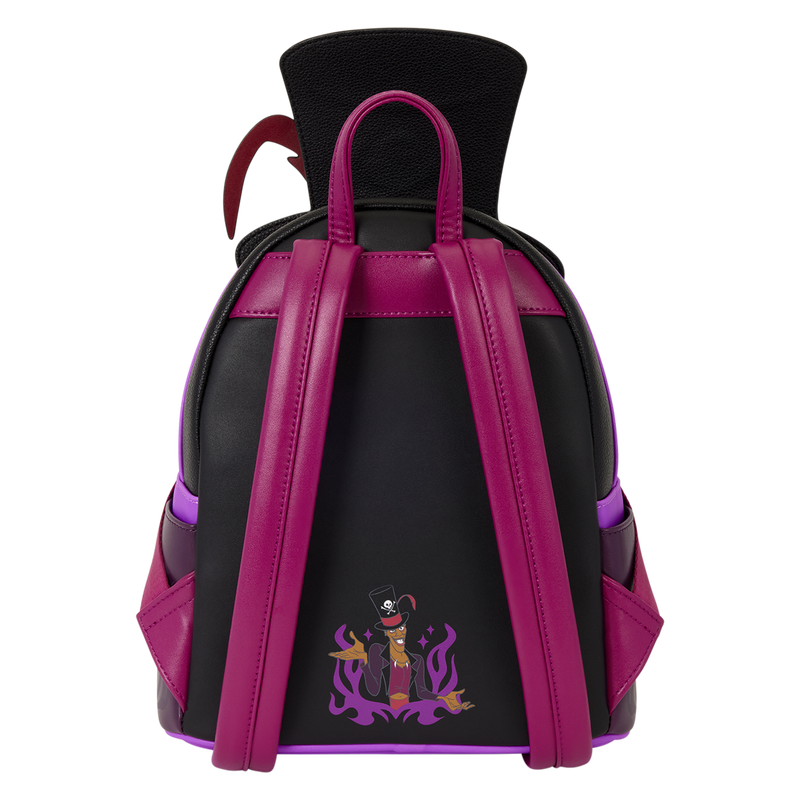 A black and magenta faux leather backpack featuring a cartoon character graphic on the lower back, shown against a plain white background.