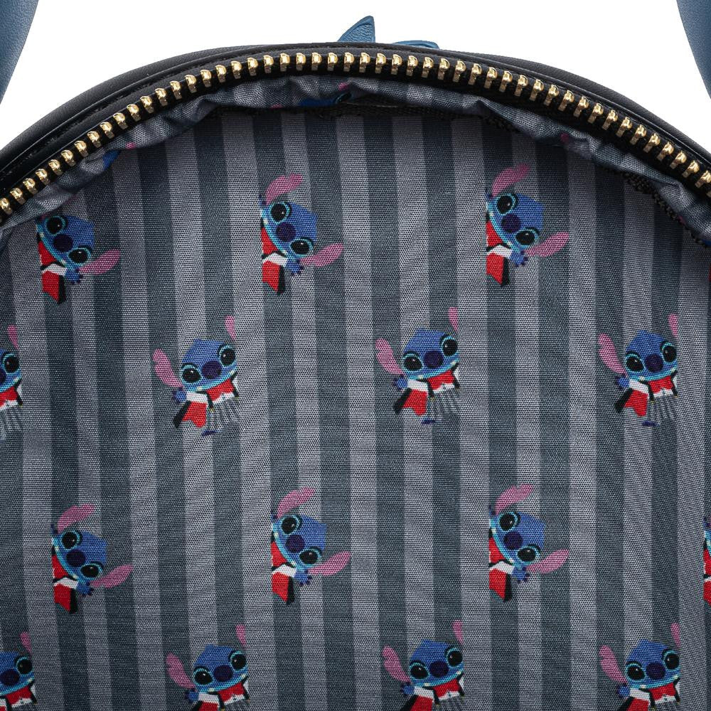 Backpack interior with striped pattern and small character print