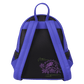 Blue backpack with a black interior and purple floral design on a white background