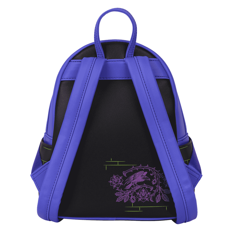 Blue backpack with a black interior and purple floral design on a white background