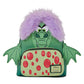 A green monster-themed mini backpack with a plush face, purple fluffy hair, bat wings on both sides, and a front pouch decorated with red polka dots. A Disney Imagine! badge is visible on the front.