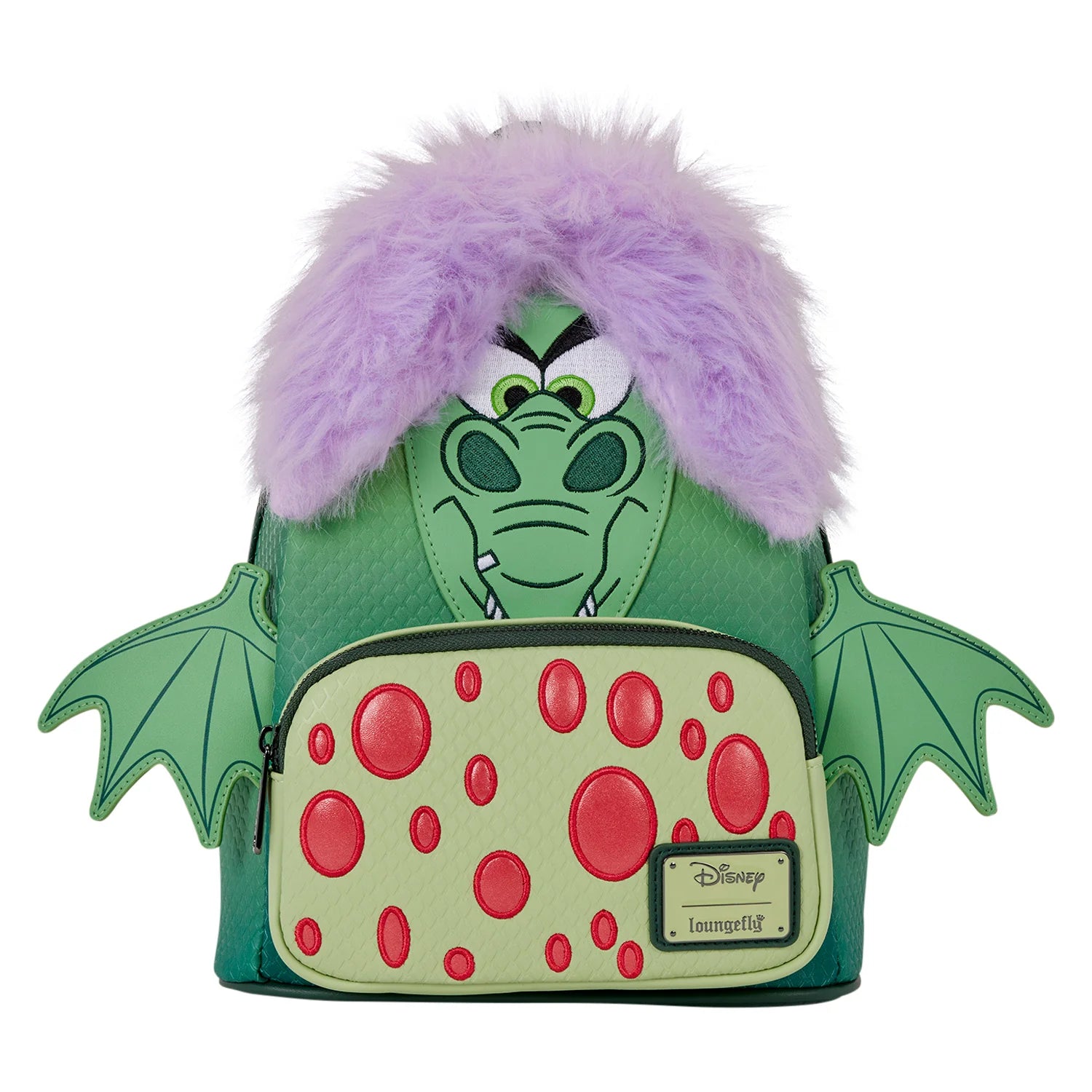 A green monster-themed mini backpack with a plush face, purple fluffy hair, bat wings on both sides, and a front pouch decorated with red polka dots. A Disney Imagine! badge is visible on the front.