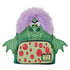 A green monster-themed mini backpack with a plush face, purple fluffy hair, bat wings on both sides, and a front pouch decorated with red polka dots. A Disney Imagine! badge is visible on the front.