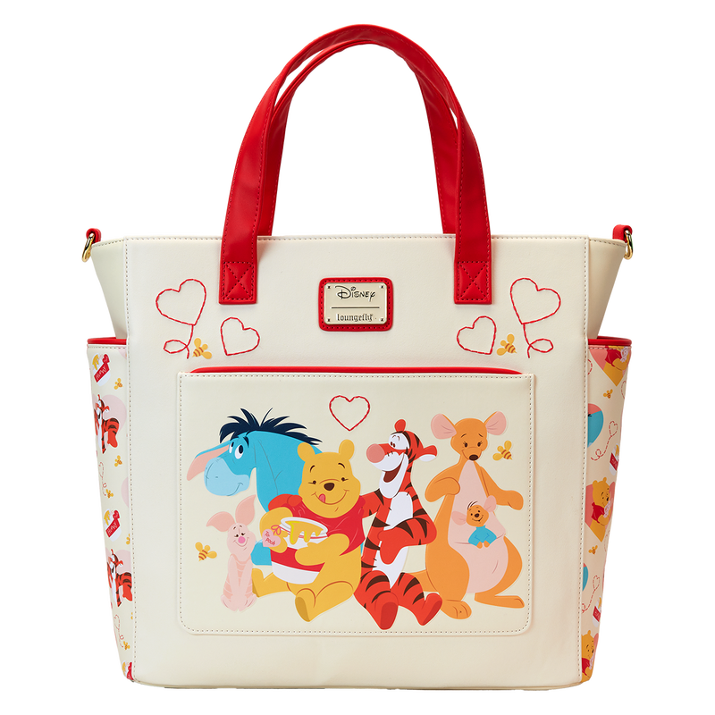 A Loungefly Disney convertible backpack and tote bag featuring Winnie the Pooh, Tigger, Eeyore, and Piglet surrounded by whimsical hearts, with soft pastel tones and detailed stitching.