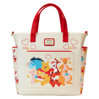 A Loungefly Disney convertible backpack and tote bag featuring Winnie the Pooh, Tigger, Eeyore, and Piglet surrounded by whimsical hearts, with soft pastel tones and detailed stitching.