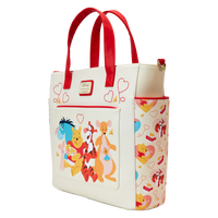 A Loungefly Disney convertible bag adorned with Winnie the Pooh and friends in a heart-filled design, blending vintage aesthetics with modern practicality.