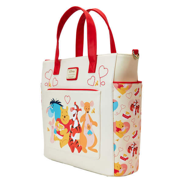 A Loungefly Disney convertible bag adorned with Winnie the Pooh and friends in a heart-filled design, blending vintage aesthetics with modern practicality.