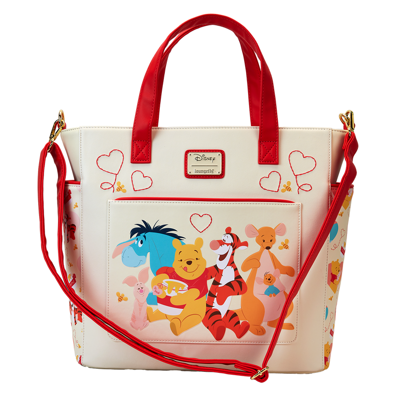 A Disney Loungefly bag with a charming illustration of Winnie the Pooh and his friends, featuring a pastel heart motif, designed to switch between a backpack and tote.