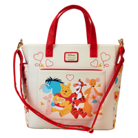 A Disney Loungefly bag with a charming illustration of Winnie the Pooh and his friends, featuring a pastel heart motif, designed to switch between a backpack and tote.