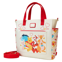 A delightful Loungefly Disney bag highlighting Winnie the Pooh, Piglet, Eeyore, and Tigger against a background of hearts, offering versatile carry options.

