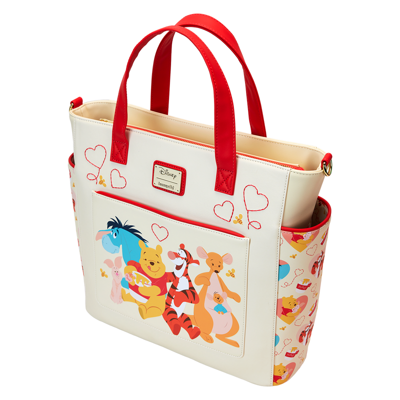 A Disney-inspired Loungefly bag showcasing Winnie the Pooh and friends with heart accents, combining functionality and charm with its convertible design.