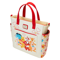 A Disney-inspired Loungefly bag showcasing Winnie the Pooh and friends with heart accents, combining functionality and charm with its convertible design.