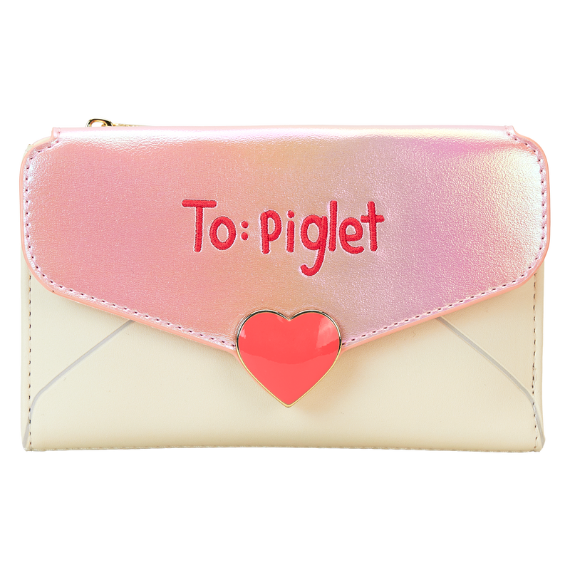 Charming Loungefly bifold wallet featuring Winnie The Pooh and Piglet with a love letter design, perfect for Disney fans.