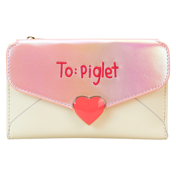 Charming Loungefly bifold wallet featuring Winnie The Pooh and Piglet with a love letter design, perfect for Disney fans.