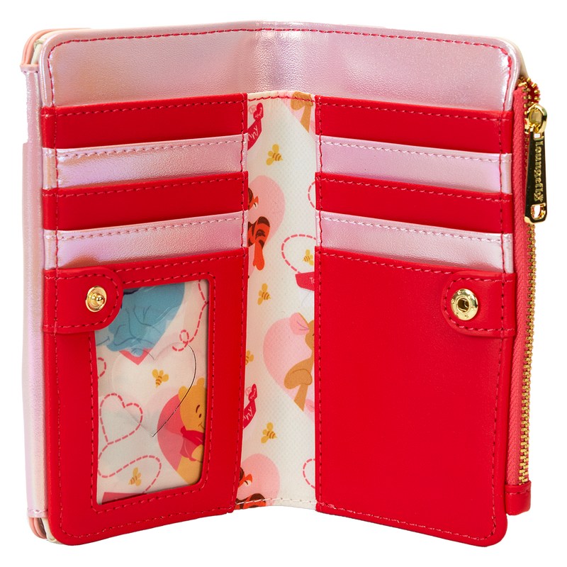 Whimsical Loungefly bifold wallet with Winnie The Pooh and Piglet surrounded by a love letter motif, capturing the warmth of friendship