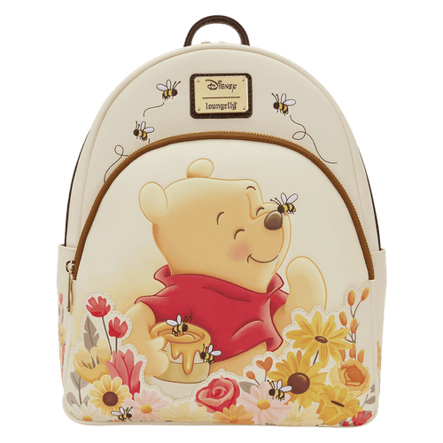 Backpack with Winnie the Pooh design featuring flowers and bees on a white background.