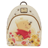 Backpack with Winnie the Pooh design featuring flowers and bees on a white background.