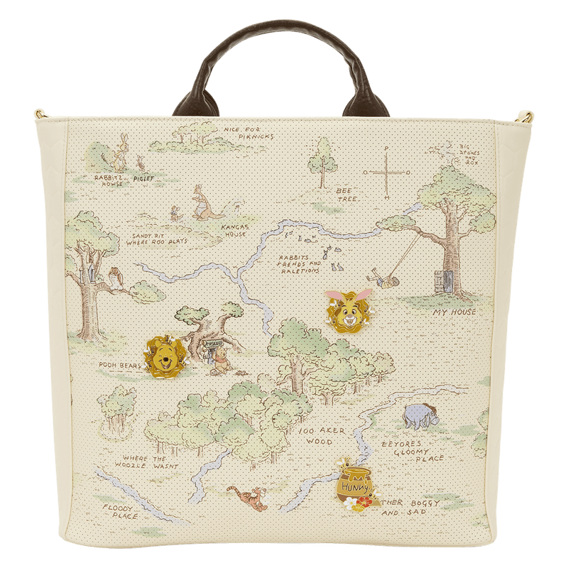 Tote bag with a map design featuring cartoon characters and trees on a white background