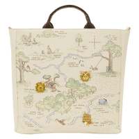 Tote bag with a map design featuring cartoon characters and trees on a white background