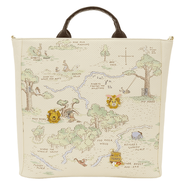 Tote bag with a map design featuring cartoon characters and trees on a white background