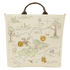 Tote bag with a map design featuring cartoon characters and trees on a white background