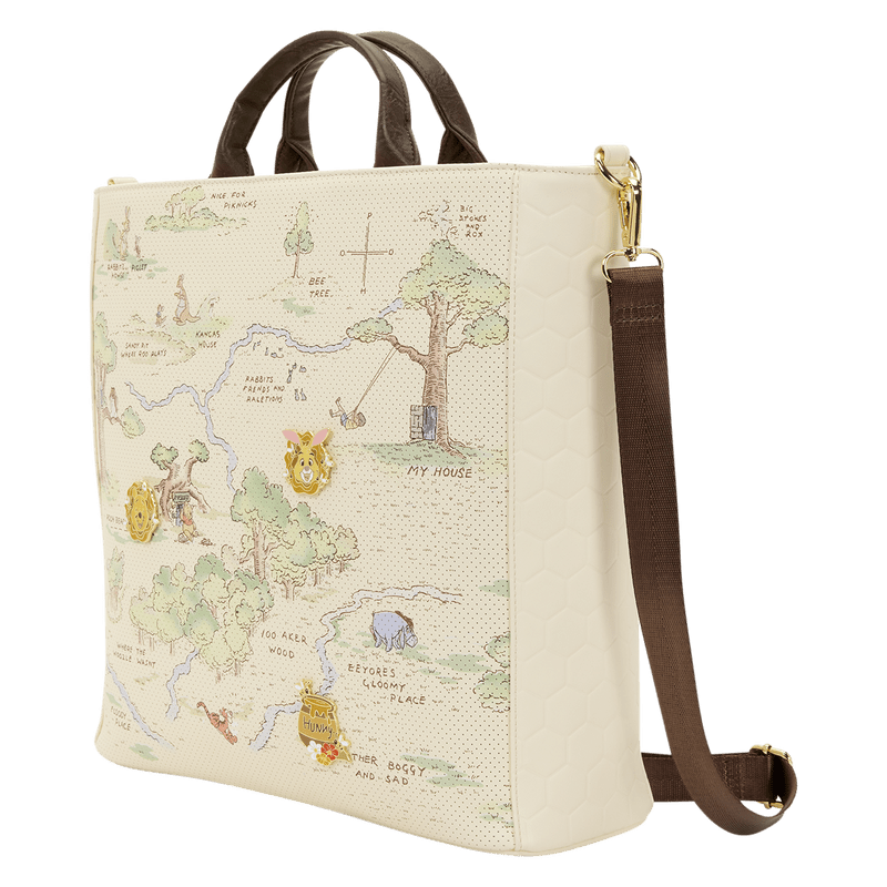 Bag with a map design featuring characters from a children's storybook on a white background