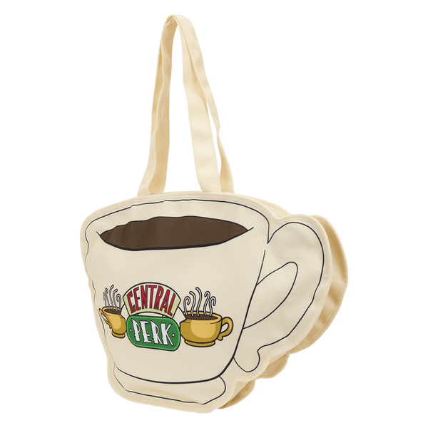 Tote bag shaped like a coffee cup with 'Central Perk' logo on a white background
