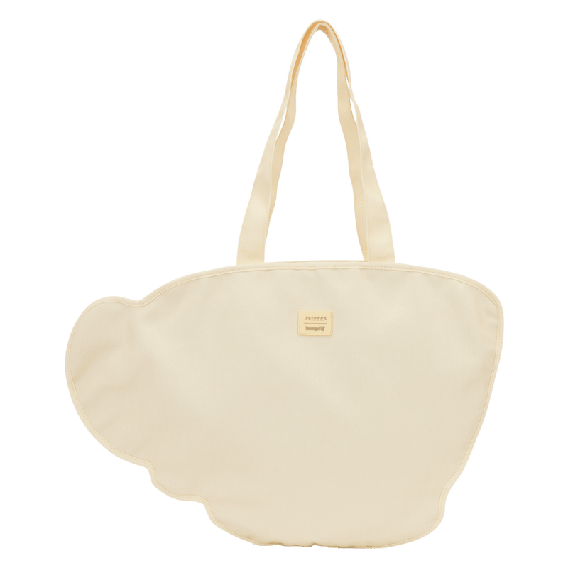 Beige handbag with a visible brand label on a white background