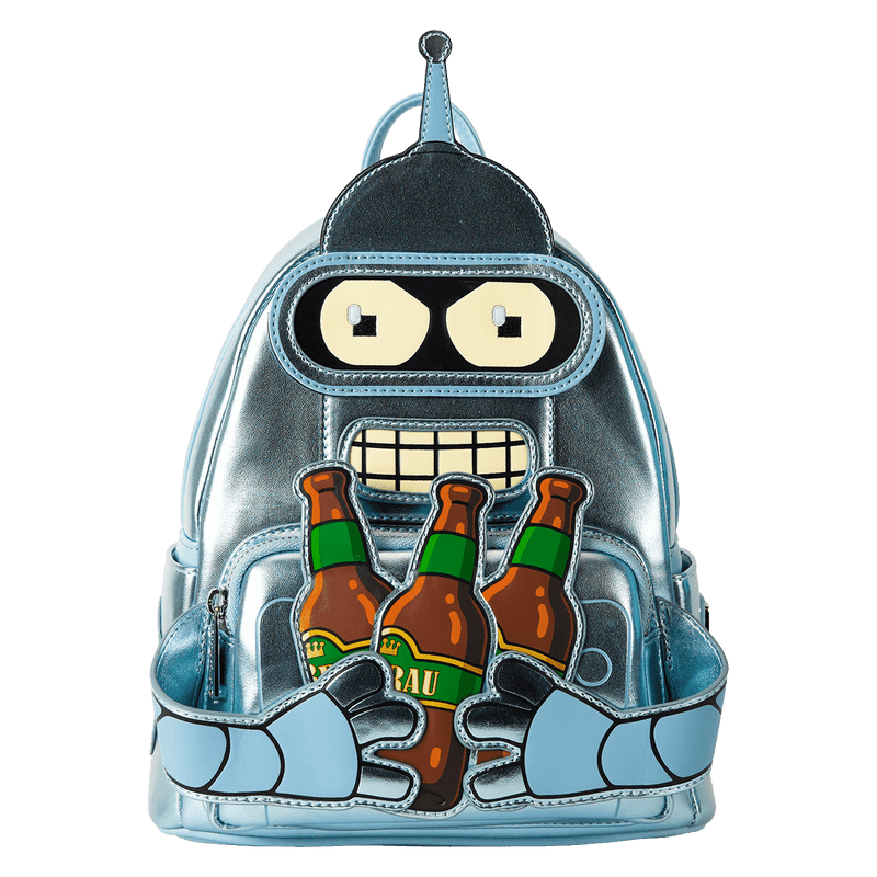Backpack designed like a robot holding beer bottles with a clear background