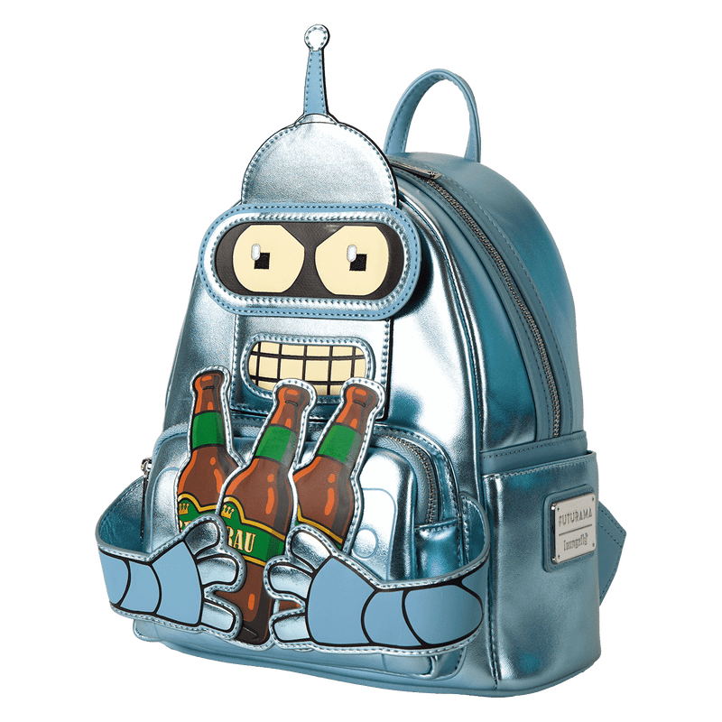 Backpack with robot design holding beer bottles on a white background