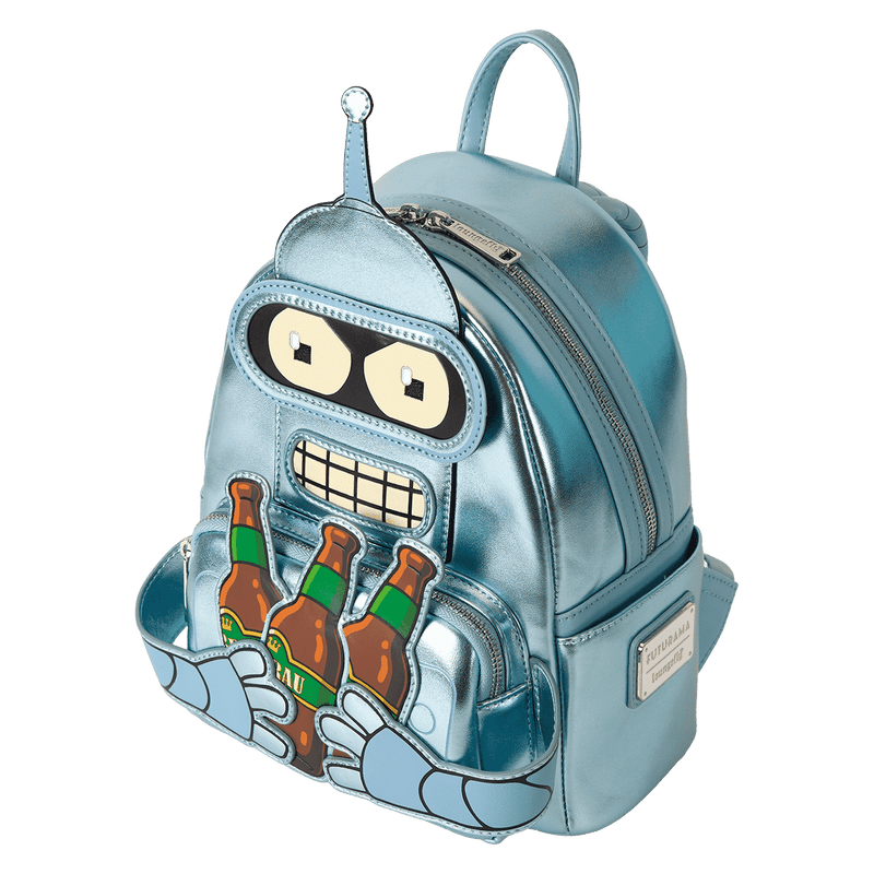 Blue robot-themed backpack with beer bottles on a white background